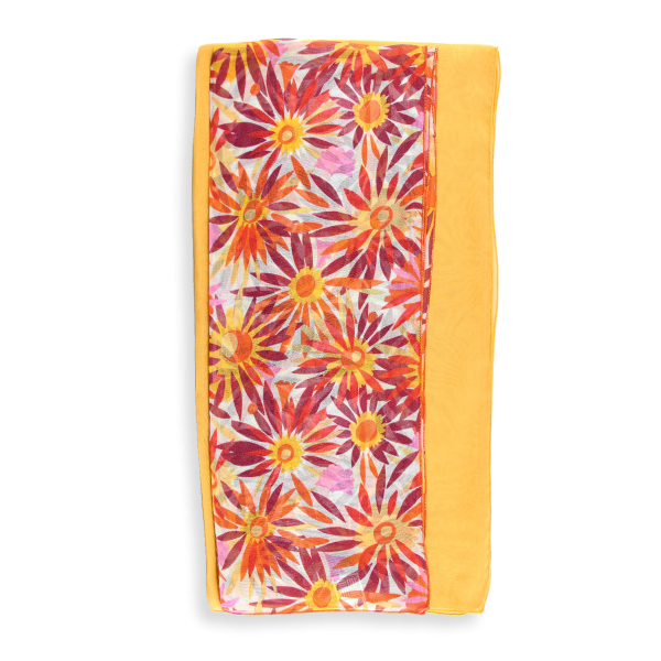 Duo-soie-foulard-femme-imprimé-fleur-solaire-jaune-ocre
