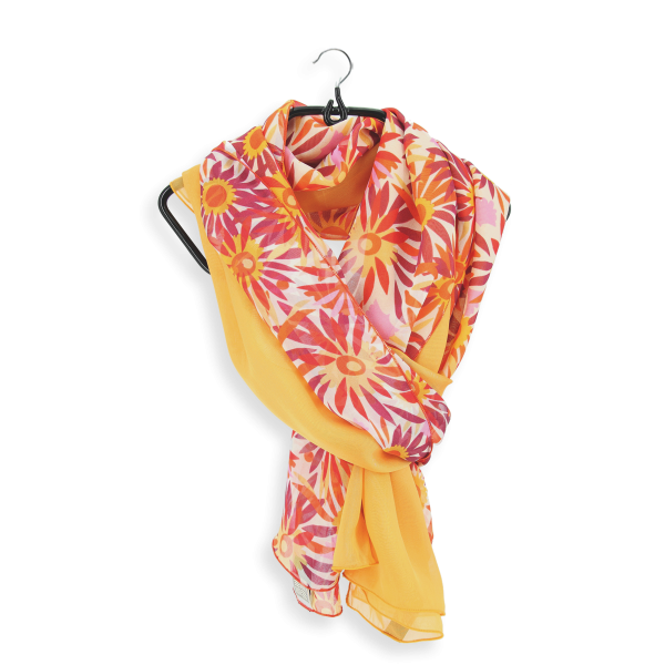 Duo-soie-foulard-femme-imprimé-fleur-solaire-jaune-ocre