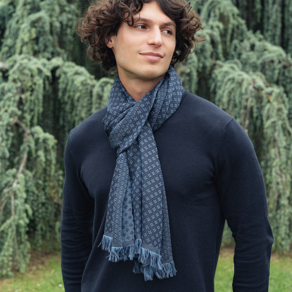 Echarpe-homme-cachemire-soie-coton-bleu jean-Losange
