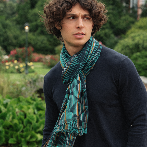 Echarpe-homme-coton-soie-navy-pétrole-Chicago