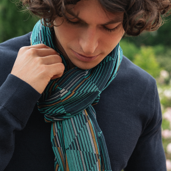Echarpe-homme-coton-soie-navy-pétrole-Chicago