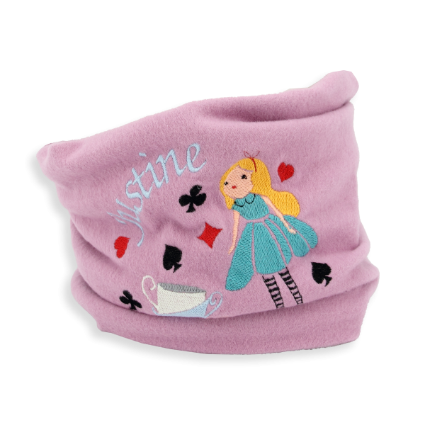 Echarpe-enfant-brodée-pays merveilleux-coton-biologique-rose