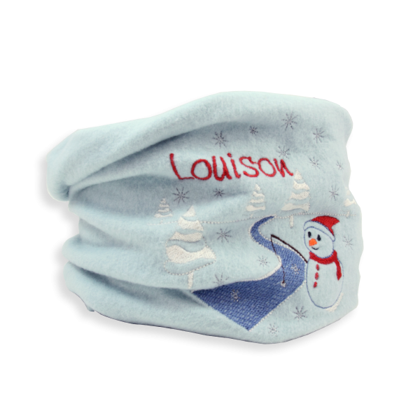 Echarpe-enfant-brodée-bonhomme-de-neige-coton-biologique-bleu-ciel