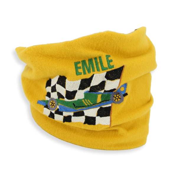 Echarpe-enfant-brodée-voiture-coton-biologique-jaune