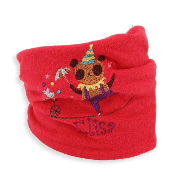 Echarpe-enfant-brodée-funambule-coton-biologique-rouge