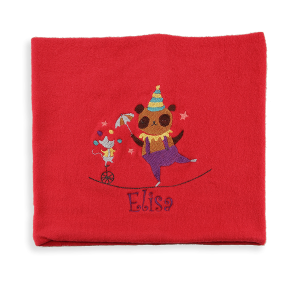 Echarpe-enfant-brodée-funambule-coton-biologique-rouge