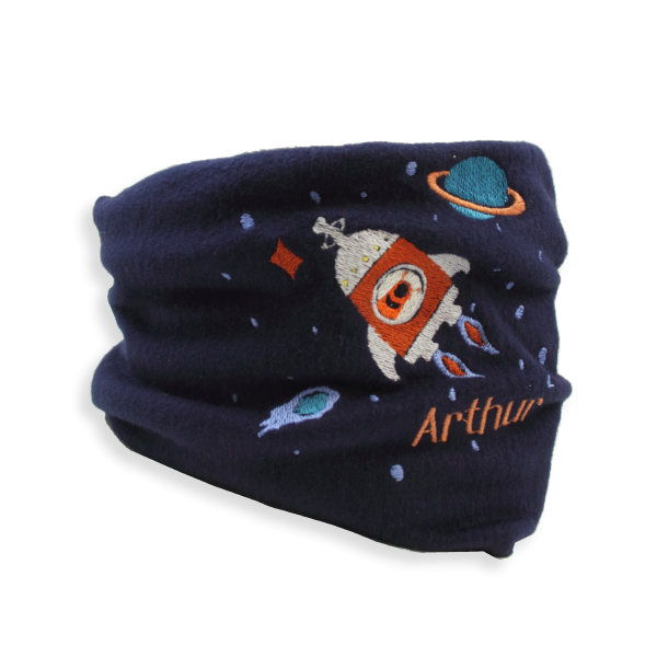 Echarpe-enfant-brodée-fusée-extraterrestre-coton-biologique-bleu-marine
