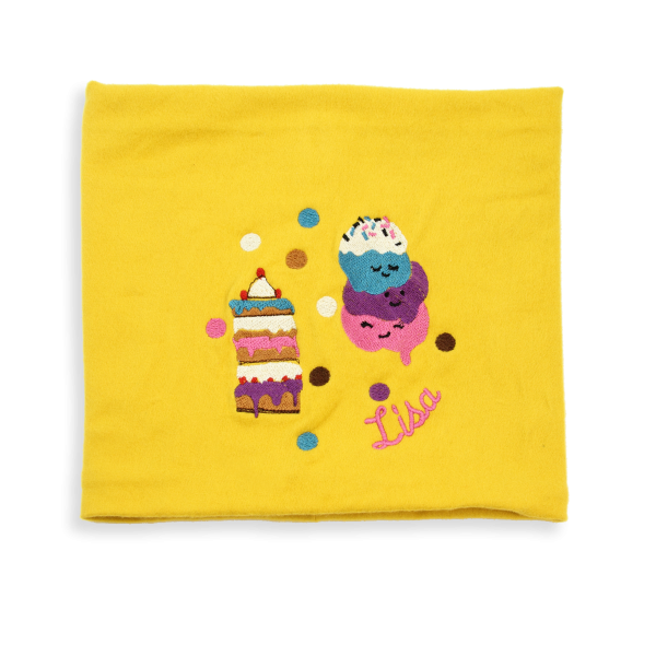 Echarpe-enfant-brodée-gâteau-coton-biologique-jaune