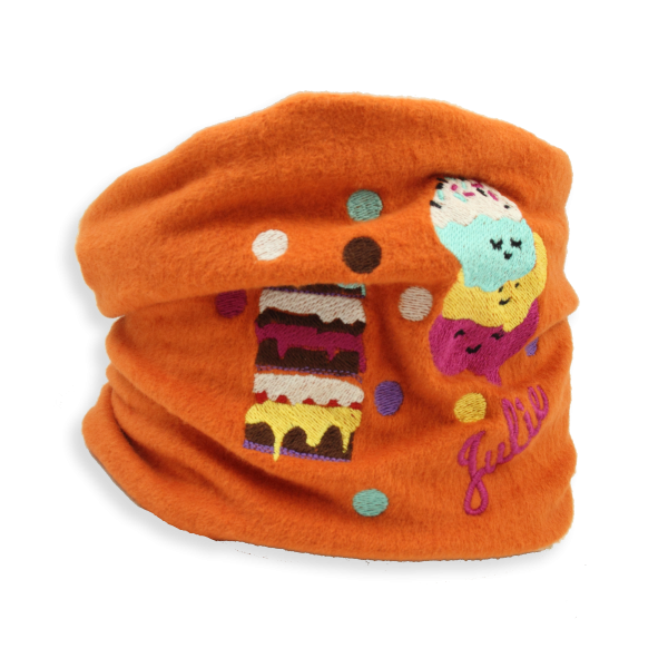 Echarpe-enfant-brodée-gâteau-coton-biologique-orange
