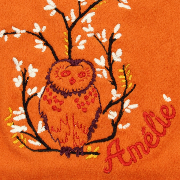 Echarpe-enfant-brodée-hibou-coton-biologique-orange-halloween