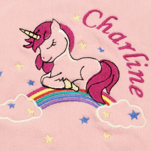 Echarpe-enfant-coton-biologique-rose-brodée-licorne