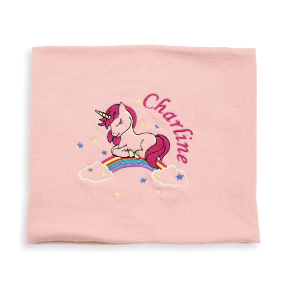 Echarpe-enfant-coton-biologique-rose-brodée-licorne