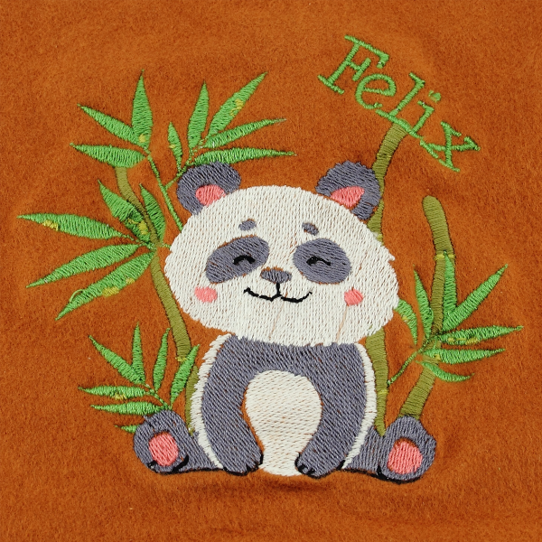 Echarpe-enfant-brodée-panda-coton-biologique-caramel