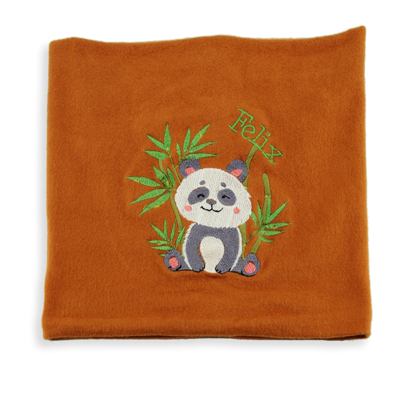 Echarpe-enfant-brodée-panda-coton-biologique-caramel