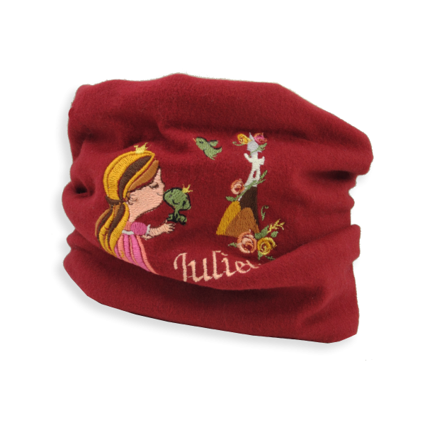Echarpe-enfant-coton-bio-brodée-princesse-rouge