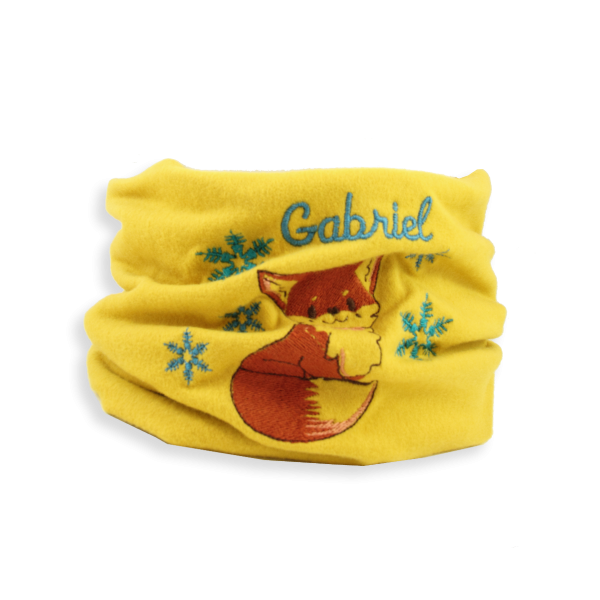Echarpe-enfant-coton-biologique-jaune-brodée-renard