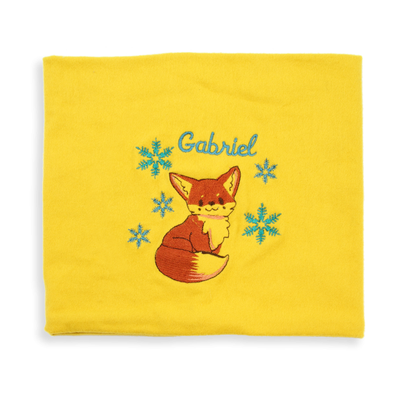 Echarpe-enfant-coton-biologique-jaune-brodée-renard