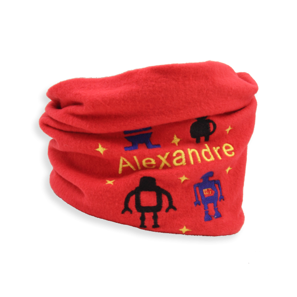 Echarpe-enfant-coton-biologique-rouge-brodée-robots