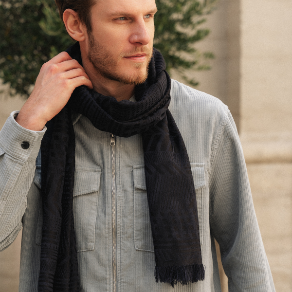 Echarpe-homme-laine-soie-bleu nuit-Kyoto