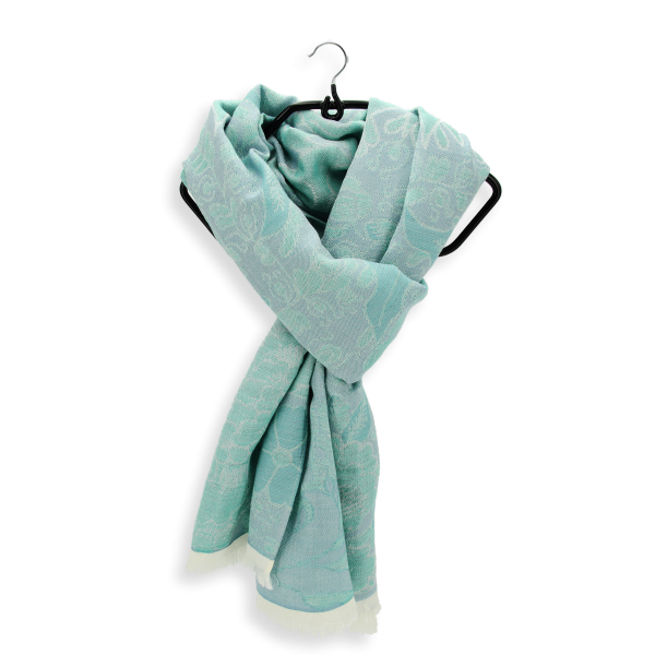 Echarpe-femme-cachemire-laine-aqua-oiseaux du paradis