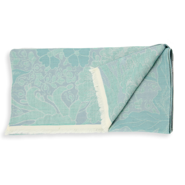 Echarpe-femme-cachemire-laine-aqua-oiseaux du paradis