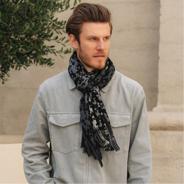 Echarpe-homme-laine mérinos-modal-noir-gris-Running