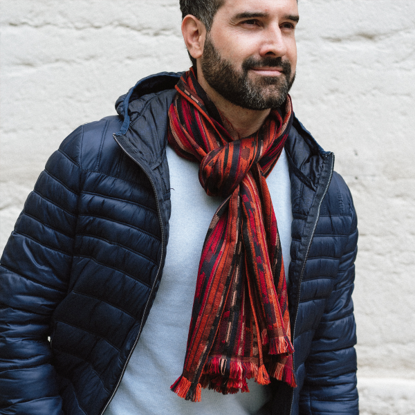Echarpe-homme-laine-soie-rouge-orange-fabrique-en-France-Orpheon