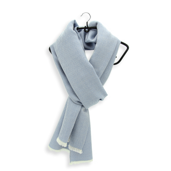Echarpe-homme-femme-bleue-écrue-laine-soie-Domino