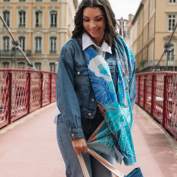 Etole-femme-coton-soie-turquoise-Tropical Jungle