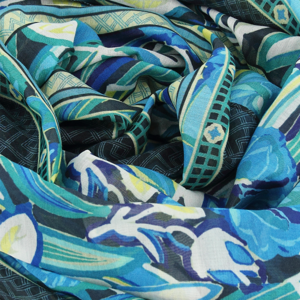 Etole-femme-imprimée-bleu-turquoise-coton-soie-Belle de nuit