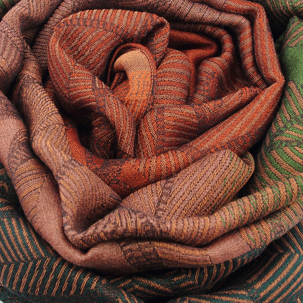 Echarpe-laine-mérinos-soie-coton-orange-vert-Lys-fabriqué-en-france