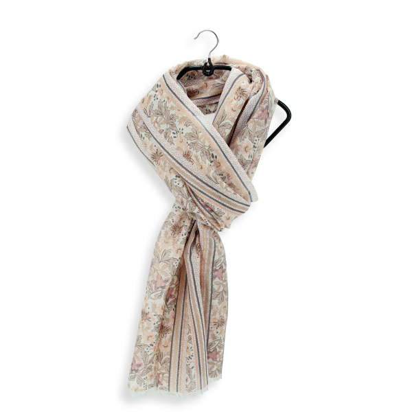 Foulard-chèche-femme-coton-soie-imprimé-beige-Jardin