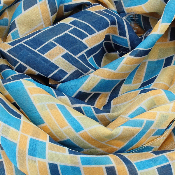 Foulard-femme-imprimé-bleu-coton-soie-mosaïque