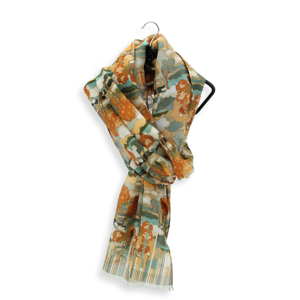 Foulard-femme-coton-soie-ocre-kaki-imprimé-Paysage
