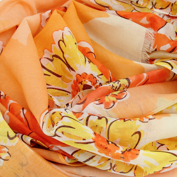 Foulard-femme-imprimé-orange-coton-soie-bouquet
