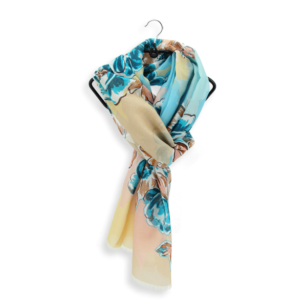 Foulard-femme-imprimé-turquoise-coton-soie-bouquet