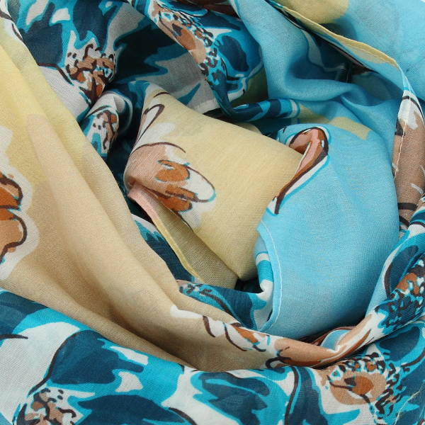 Foulard-femme-imprimé-turquoise-coton-soie-bouquet