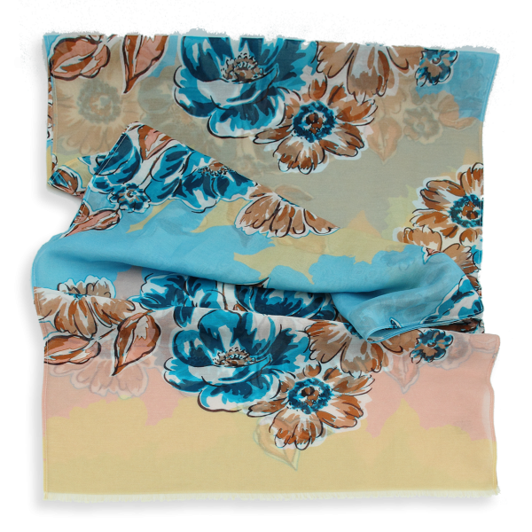 Foulard-femme-imprimé-turquoise-coton-soie-bouquet