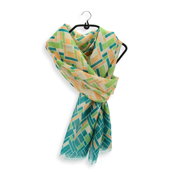 Foulard-femme-imprimé-vert-coton-soie-mosaïque
