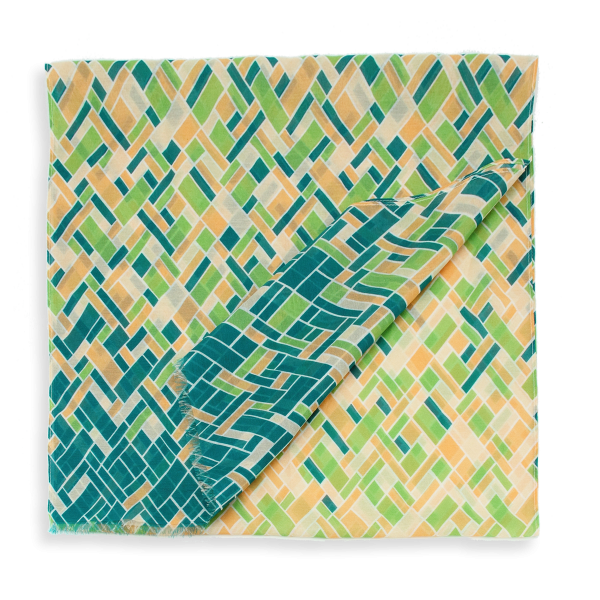 Foulard-femme-imprimé-vert-coton-soie-mosaïque