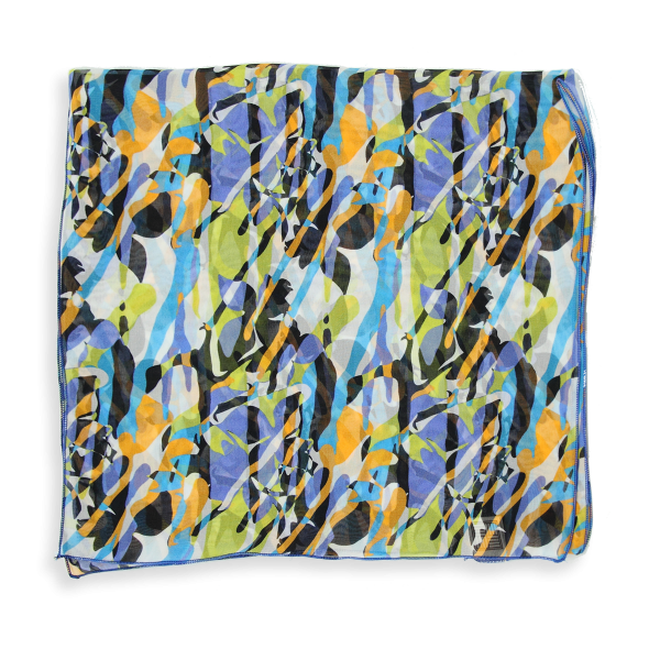 Foulard-femme-soie-bleu multicolore-imprimée-fleur-sauvage