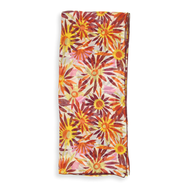 Foulard-femme-soie-imprimée-fleur-solaire-jaune-rouge