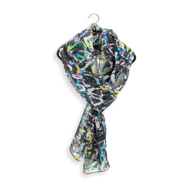 Foulard-soie-femme-noir-multicolore-imprimé-graff