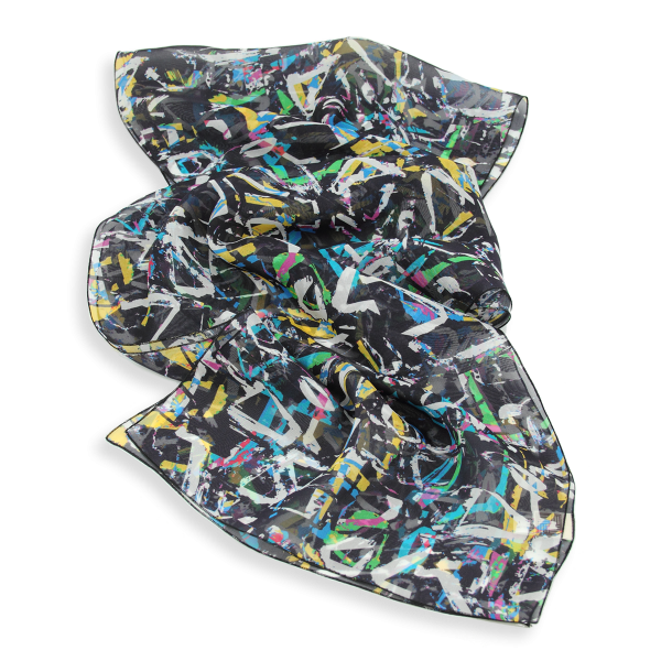 Foulard-soie-femme-noir-multicolore-imprimé-graff