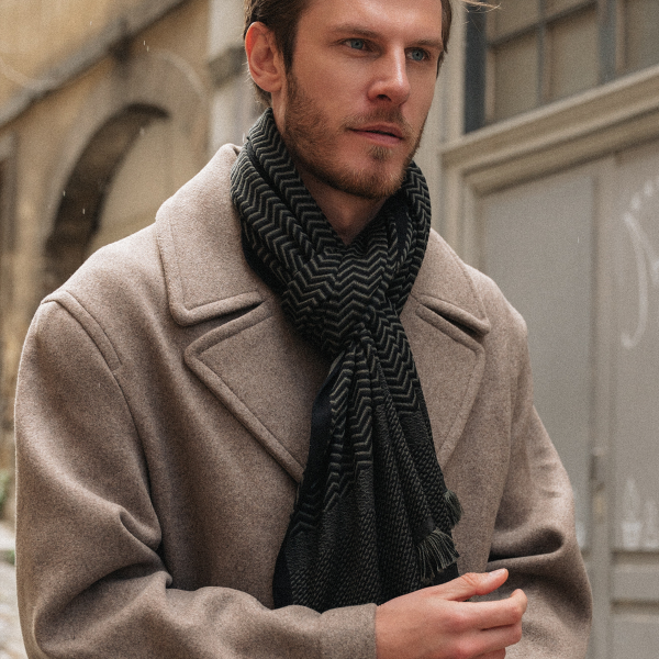 Khaki-black-merino-wool-silk-men's-scarf-Sporty