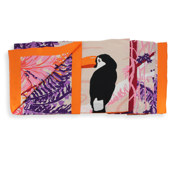 Paréo-femme-coton-orange-imprimé-Toucan
