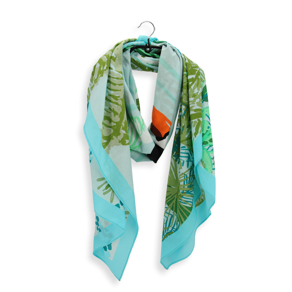 Paréo-femme-coton-turquoise-imprimé-Toucan