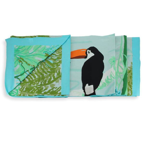 Paréo-femme-coton-turquoise-imprimé-Toucan