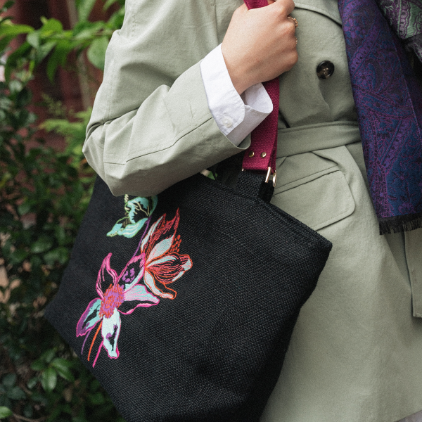 sac cabas jute - trio fleuri noir