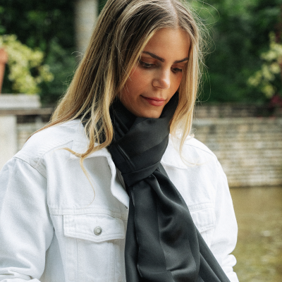 BLACK MONOCHROME SILK SATIN STOLE